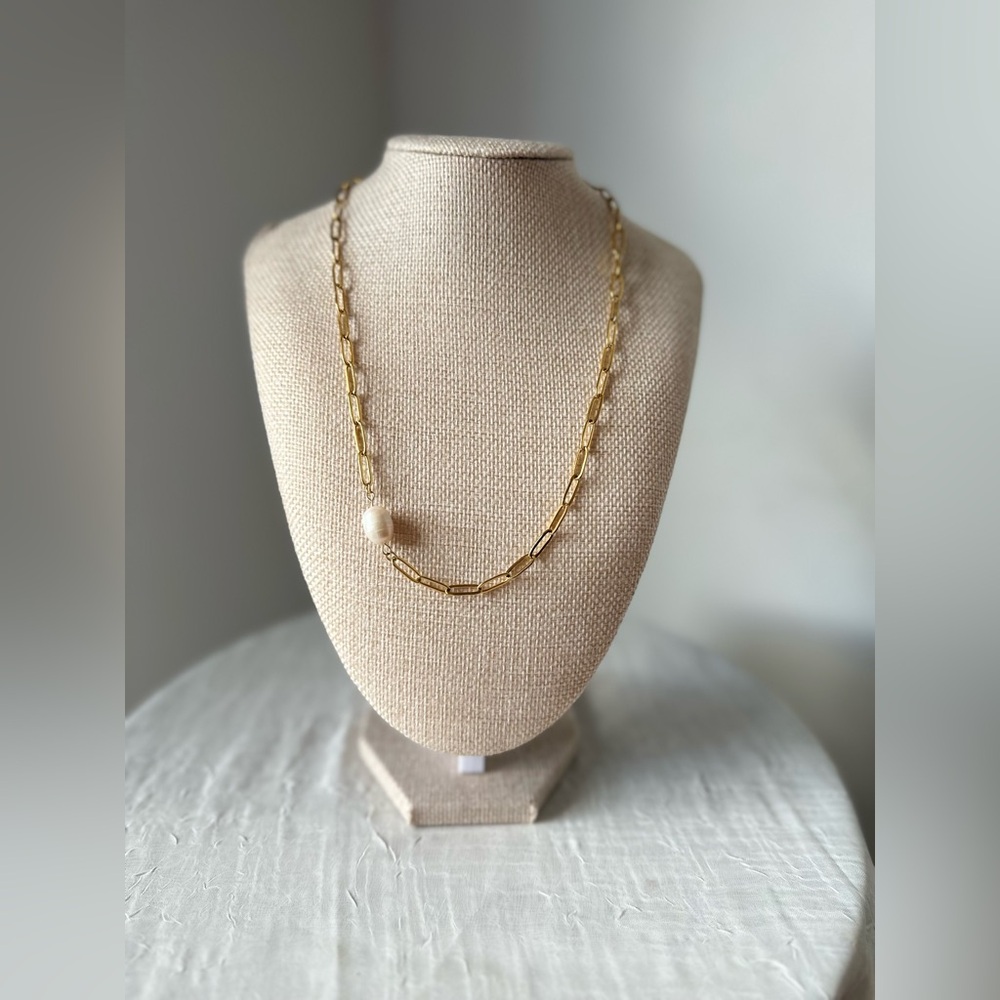 18K GOLD PLATED PAPERCLIP SINGLE REAL PEARL 18”